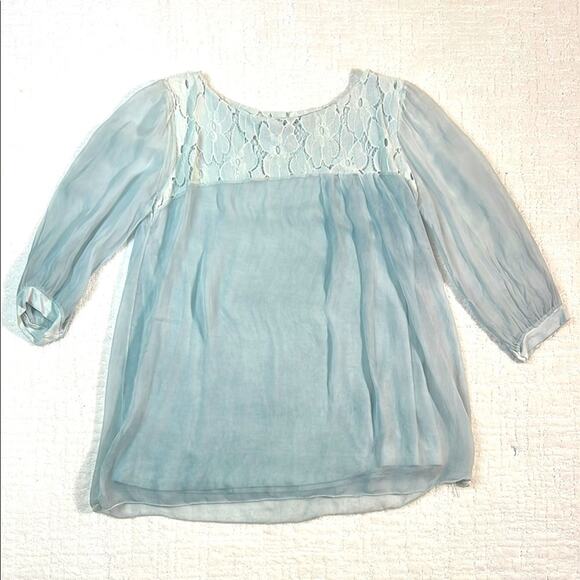 Silk H Trend layered blouse with lace accent and sheer sleeves and overlay L - Picture 2 of 7